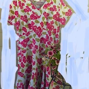 FLAX dress, 100% linen,  S, Vintage, aqua print,  shift, abstract rose  print